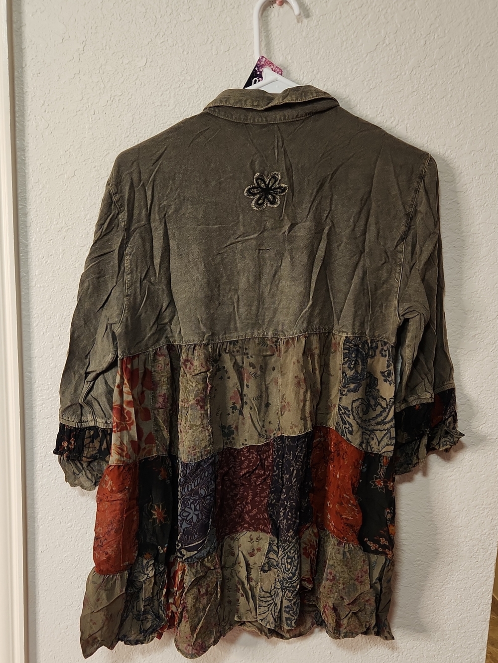 567.Bohemian Patchwork Ruffle Button-Front Top - Picture 6 of 6